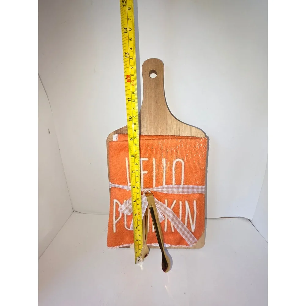 Hello Pumpkin Fall Kitchen Gift Set Wood Cutting Board Towel & Gold Tongs